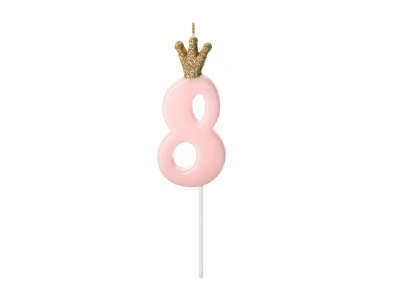 Gimtadienio žvakutė "8" rausva su karūna