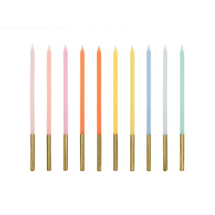 Ilgos, spalvotos gimtadienio žvakutės su aukso dekoru (10 vnt.)