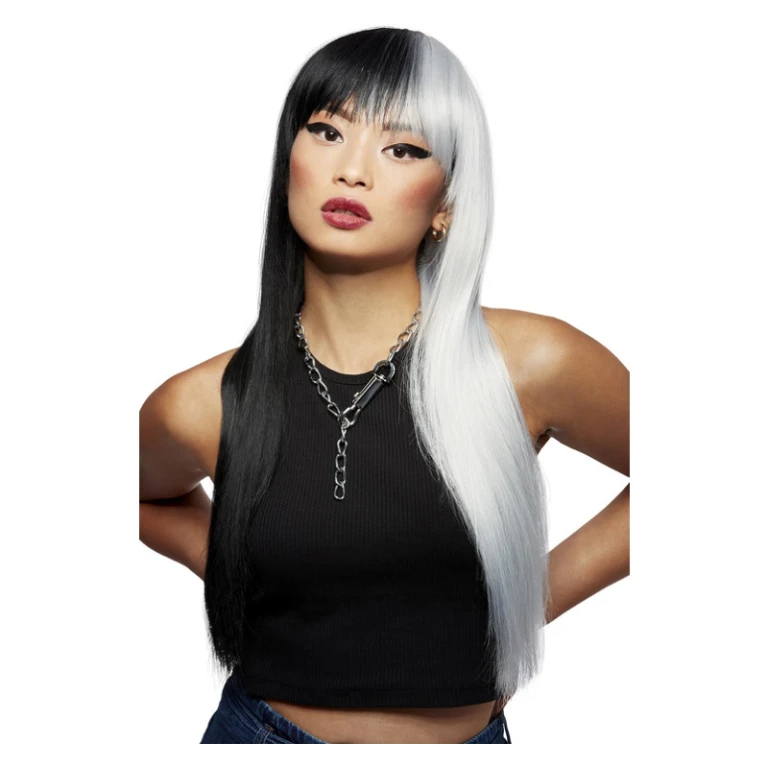 Juodai baltas ilgų plaukų perukas