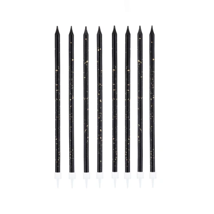Juodos, ilgos torto žvakutės su aukso dekoru (8 vnt.)