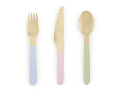 Medinių stalo įrankių rinkinys su pastelinių spalvų dekoru (18vnt./16cm)