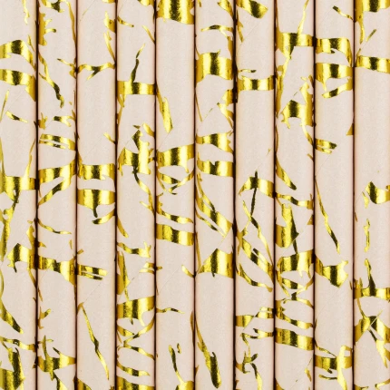 Šviesiai rožiniai popieriniai šiaudeliai su aukso detalėmis (10 vnt./19,5 cm)