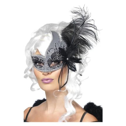 Silver Masquerade Mask with Feather