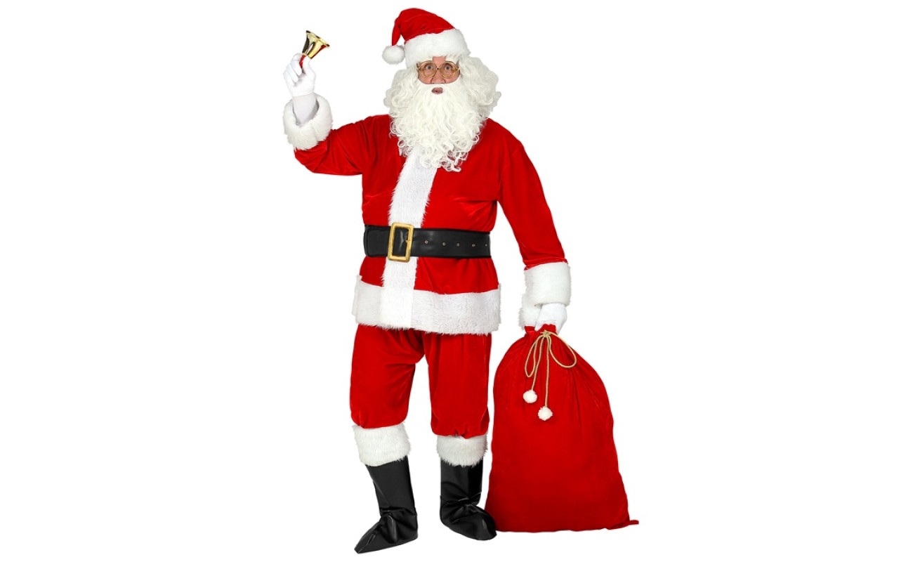 Professional Santa costume with a beard, glasses, boot covers and a red gift bag