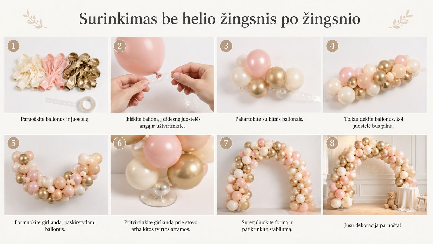 Illustrated instructions showing how to assemble a balloon garland without helium gas using a special strip.