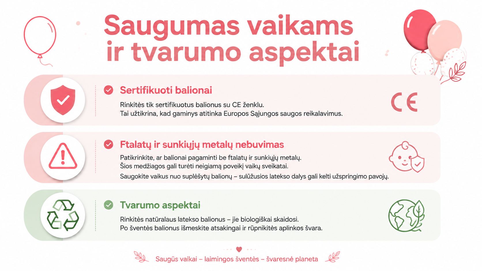 Infographic about balloon safety for children, CE certification, the absence of chemical substances, and the eco-friendly sustainability of natural latex.