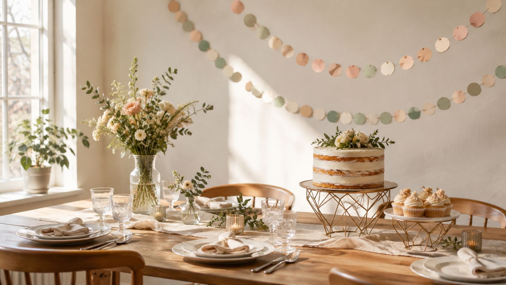A festively decorated wooden table with cake, cupcakes and flowers in a cosy room set up for a birthday party.