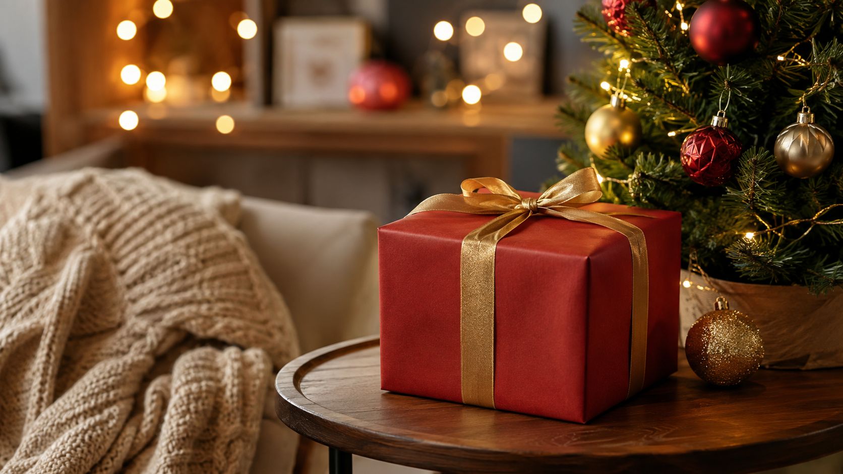 A red Christmas gift with a gold ribbon on a wooden side table next to a decorated Christmas tree in a cozy room