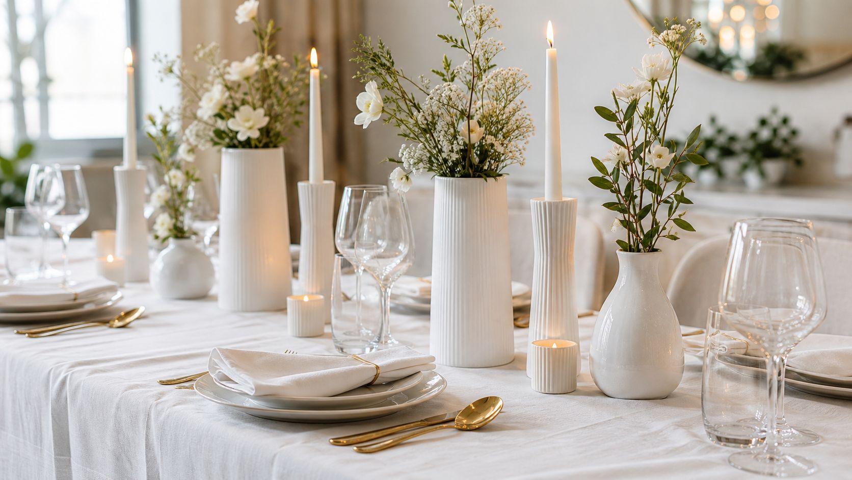 Elegantly set festive table with white vases, flowers, candles, and glassware in a bright dining room setting