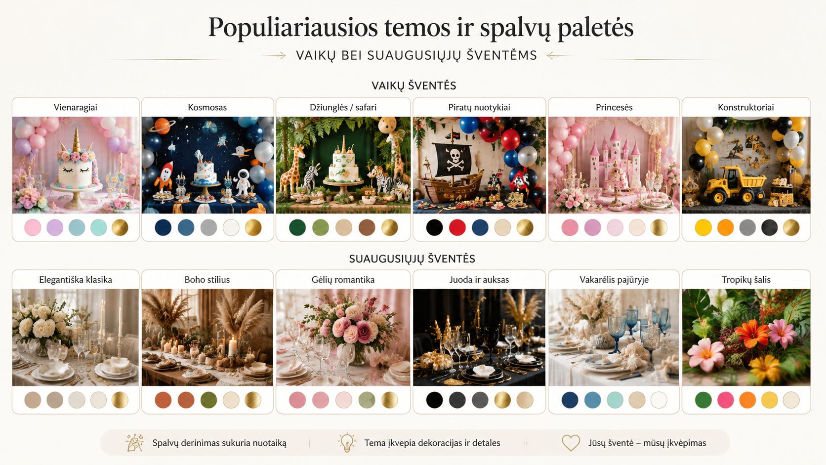 The most popular themes and colour palettes for children's and adults' parties, for planning decorations and details