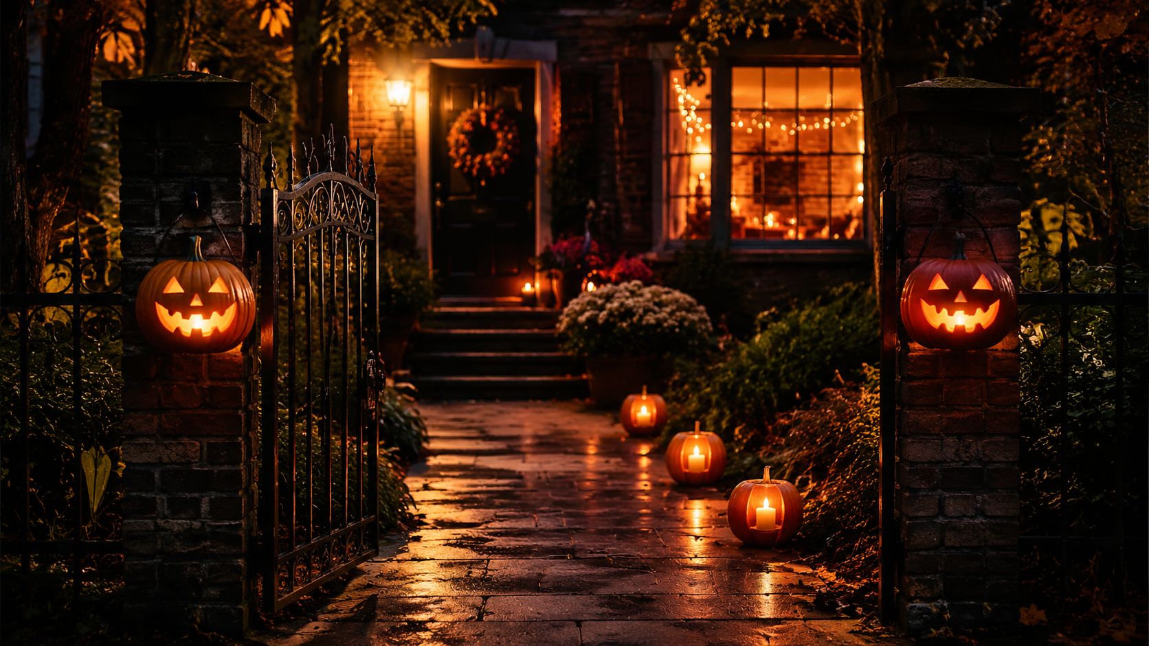 Halloween decorations with glowing pumpkins on brick pillars and a cozily lit house entrance path on a dark evening.