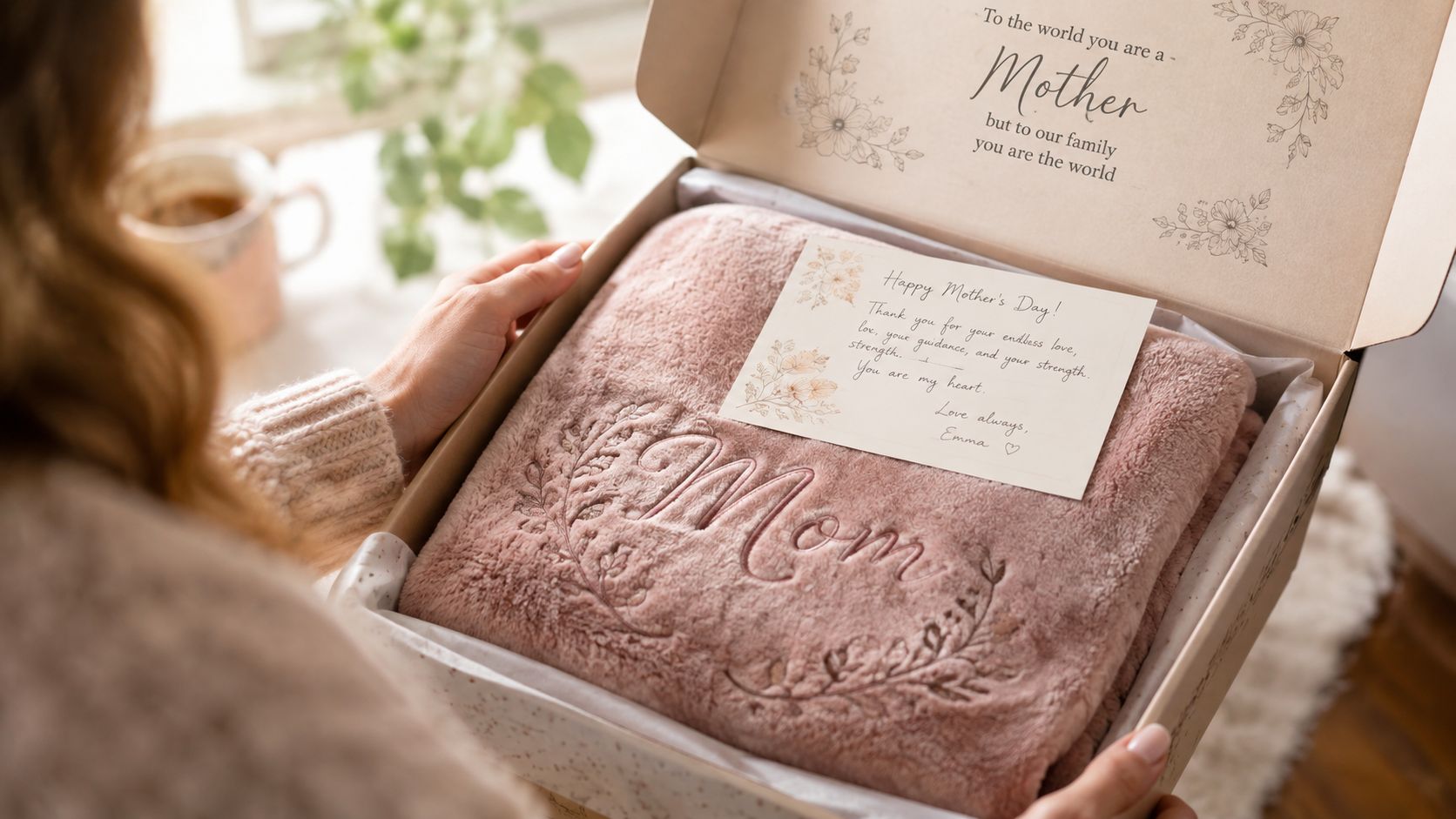 A woman holds an open gift box with a soft “Mom” embroidered blanket and a Mother's Day greeting card.