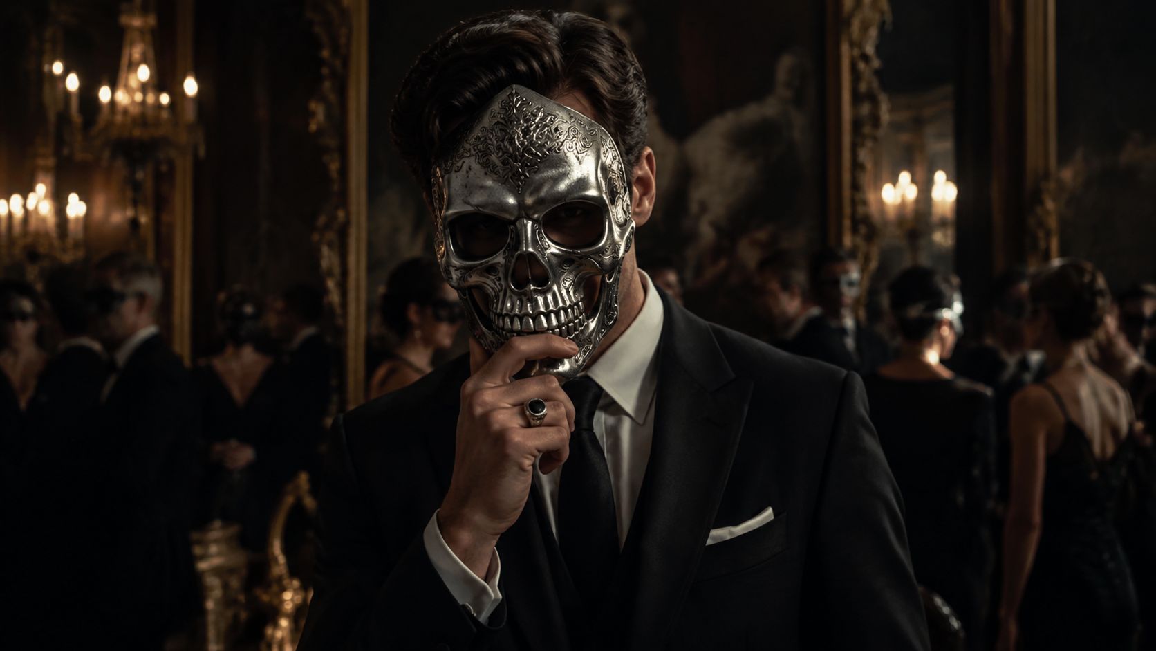 An elegant man wearing a luxurious metallic skull-shaped mask attends a mysterious masquerade gathering with many guests.
