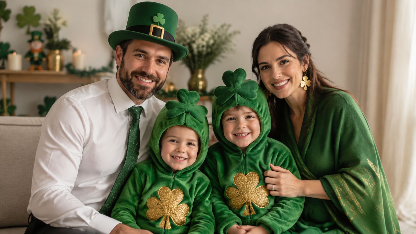 Happy family with children dressed in green clothing and festive props celebrating St Patrick's Day at home.