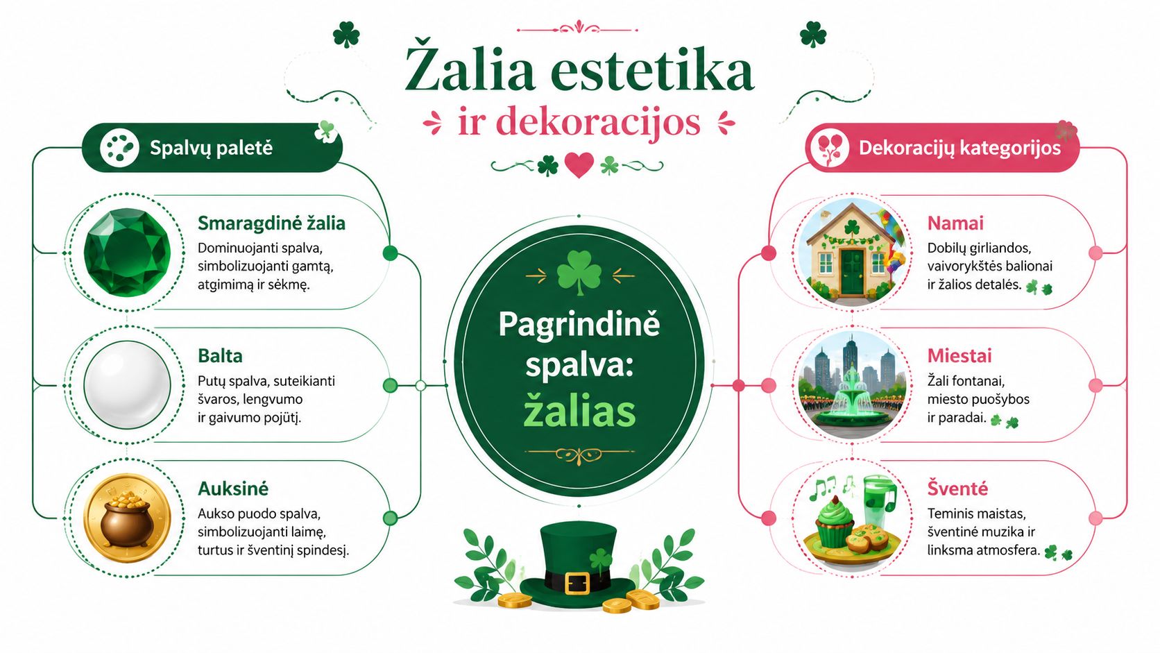 Informational illustration about green aesthetics and decorations for a St Patrick's Day celebration.