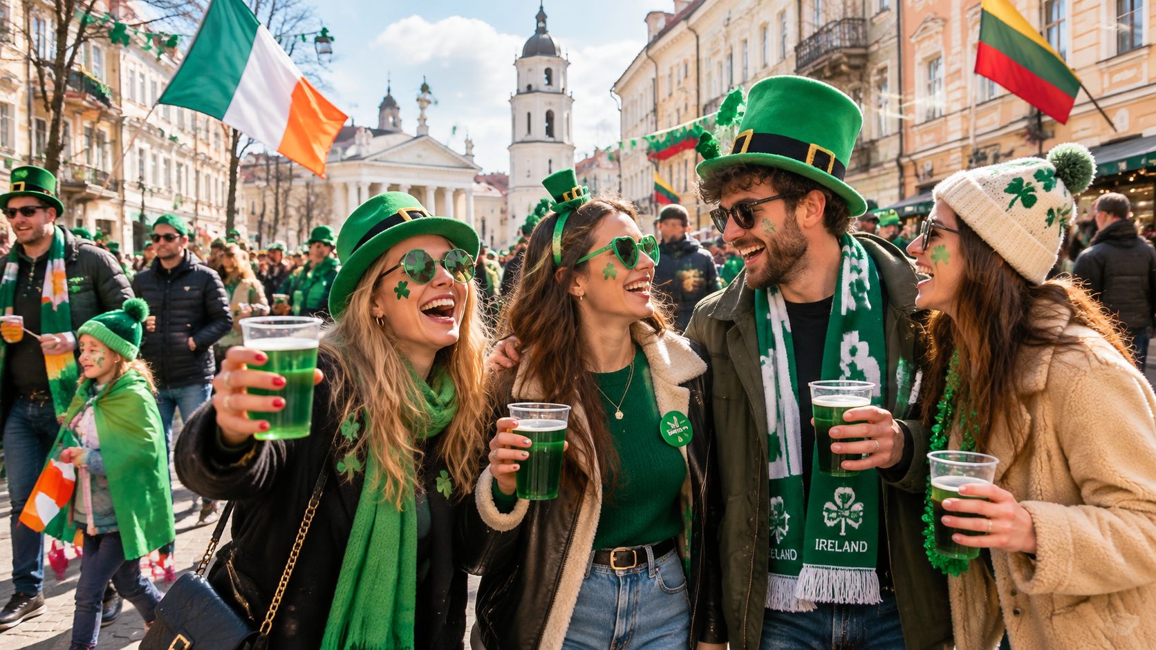 Happy young people with festive props celebrating St Patrick's Day on a city street, holding green drinks