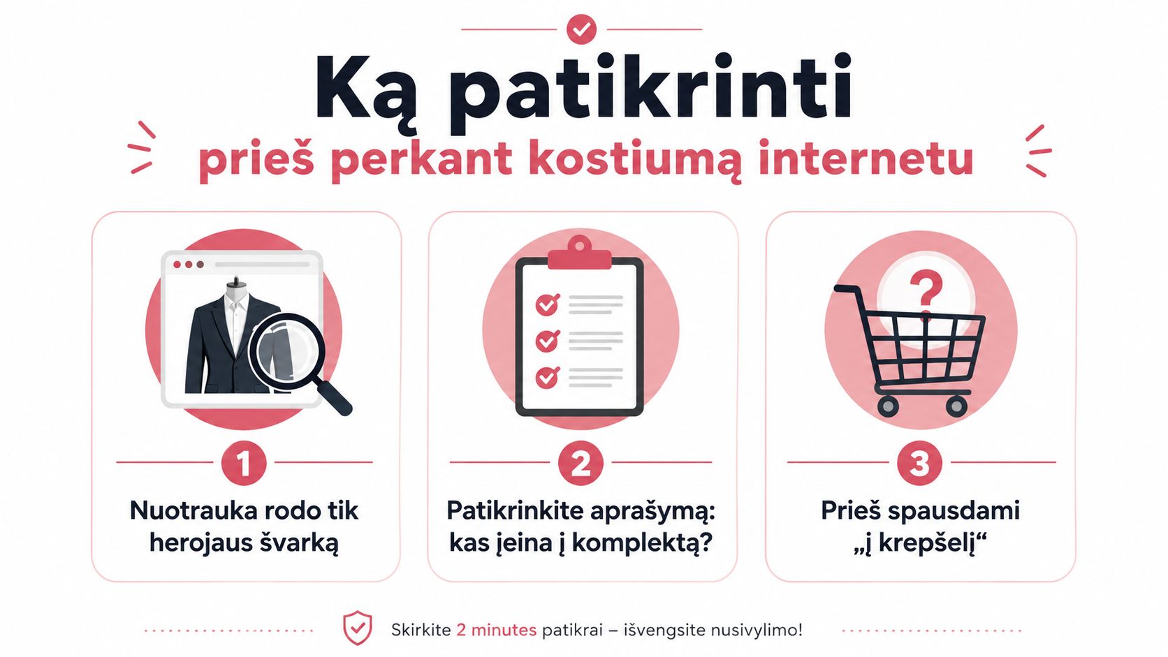 Informational illustration with three tips on what to check when buying a men's suit from an online shop before ordering.