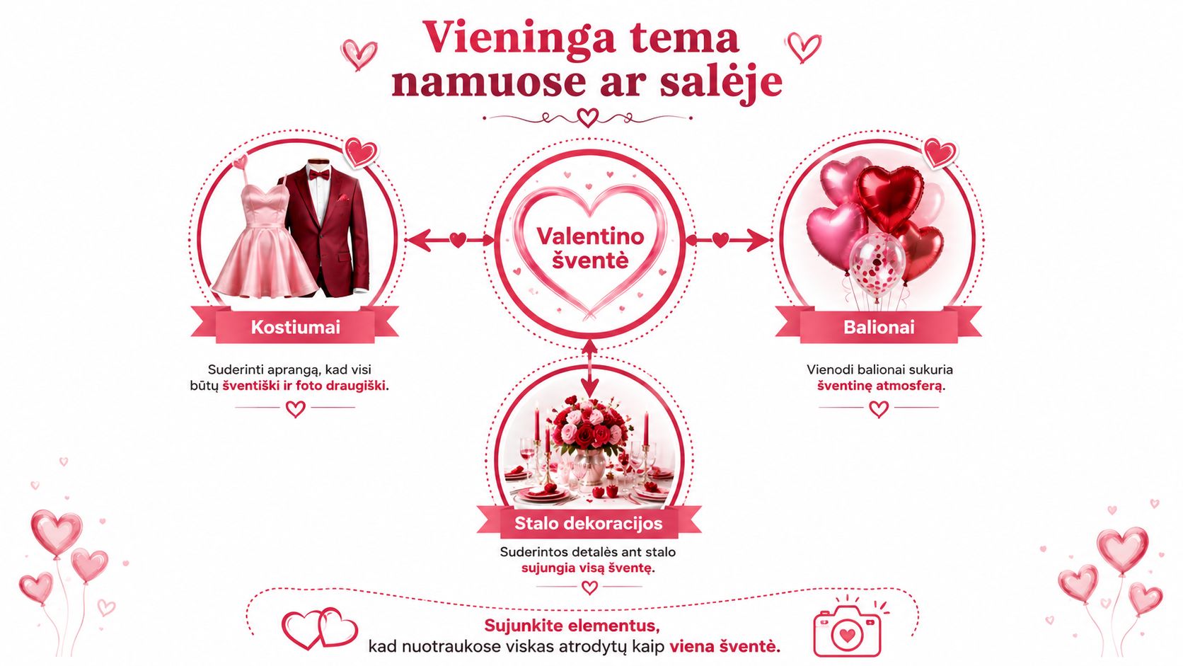 Valentine's Day party ideas combining outfits, balloons and table decorations for a cosy photoshoot at home or in a hall.