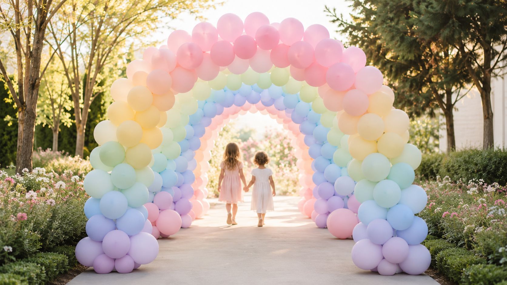 Two little girls holding hands walk through a colourful balloon arch in a beautiful park on a warm summer day.