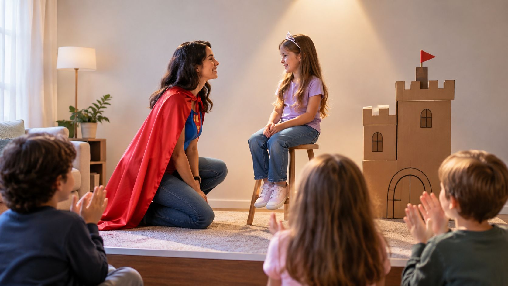 A woman in a superhero costume and a girl wearing a crown play a princess, while other children around them applaud.