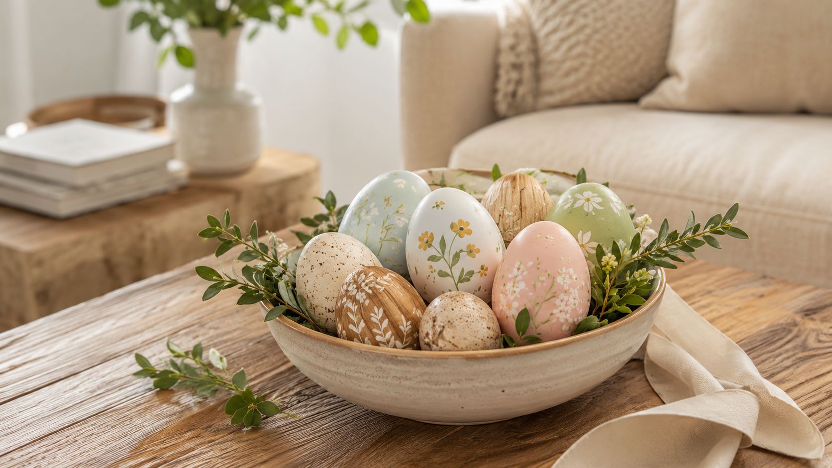 A ceramic bowl on a wooden table filled with a collection of painted eggs with floral patterns and greenery for spring table styling