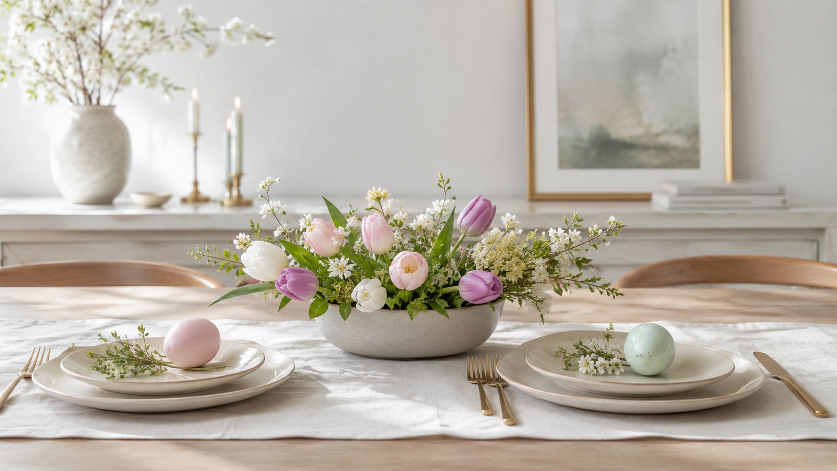 A stylishly set Easter table with flowers in a vase, pastel eggs, plates and gold cutlery in a bright room.