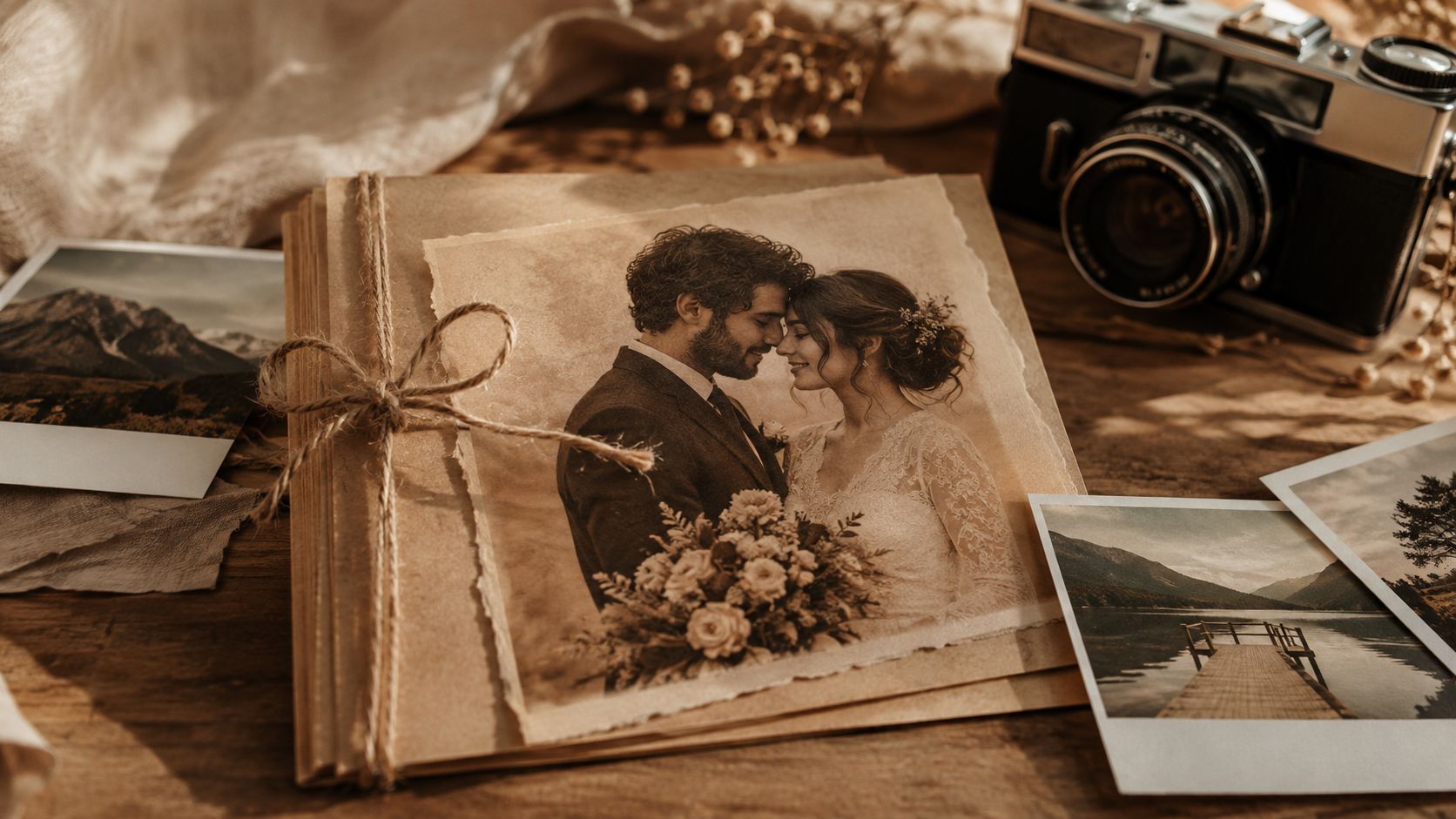 An old-style wedding album with a photo capturing a kissing couple, next to a vintage camera and photos of nature landscapes.