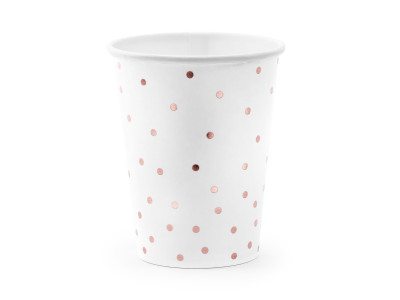 Balti vienkartiniai puodeliai su rausvais taškeliais (6 vnt./260 ml)