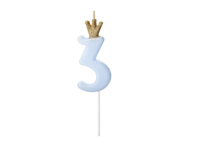 Gimtadienio žvakutė "3" melsva su karūna