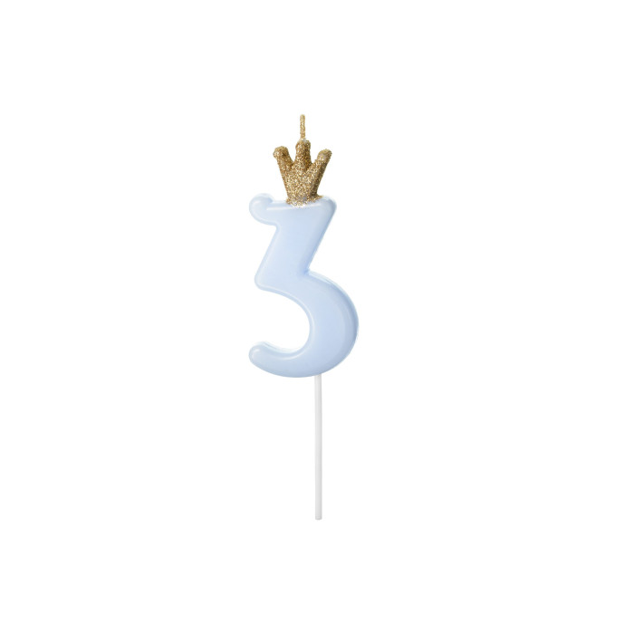Gimtadienio žvakutė "3" melsva su karūna