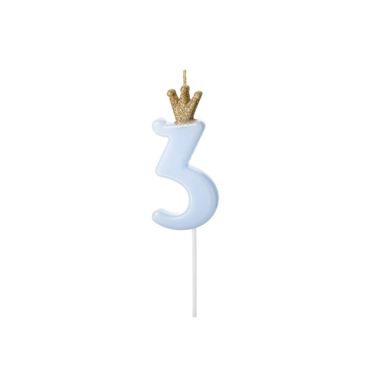 Gimtadienio žvakutė "3" melsva su karūna