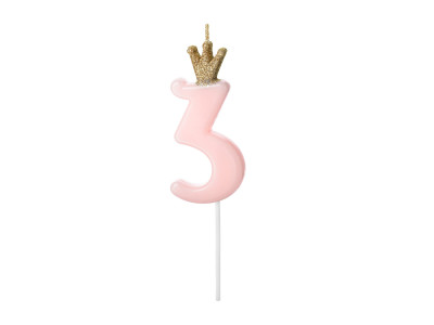 Gimtadienio žvakutė "3" rausva su karūna