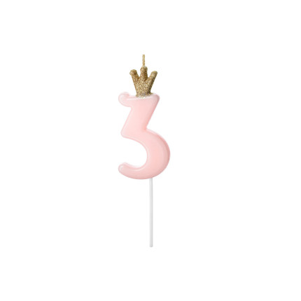 Gimtadienio žvakutė "3" rausva su karūna