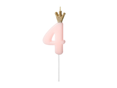 Gimtadienio žvakutė "4" rausva su karūna