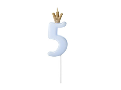 Gimtadienio žvakutė "5" melsva su karūna