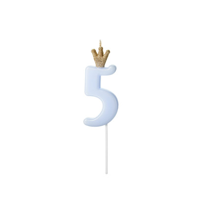 Gimtadienio žvakutė "5" melsva su karūna