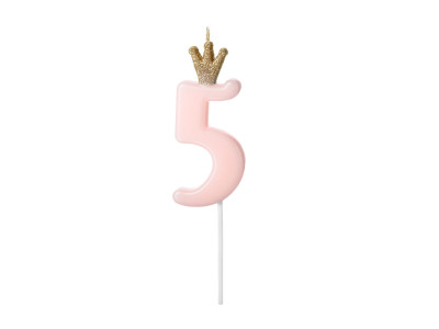 Gimtadienio žvakutė "5" rausva su karūna