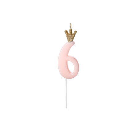 Gimtadienio žvakutė "6" rausva su karūna