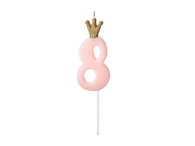 Gimtadienio žvakutė "8" rausva su karūna