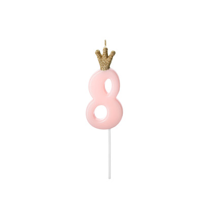 Gimtadienio žvakutė "8" rausva su karūna