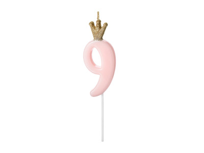 Gimtadienio žvakutė "9" rausva su karūna