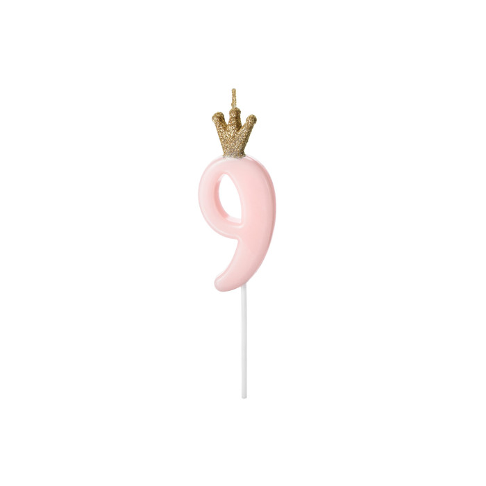 Gimtadienio žvakutė "9" rausva su karūna