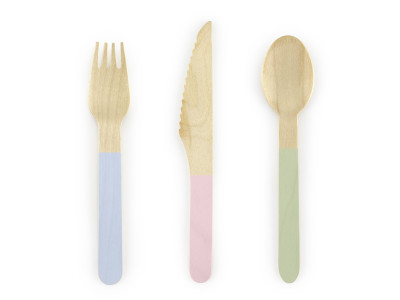 Medinių stalo įrankių rinkinys su pastelinių spalvų dekoru (18vnt./16cm)