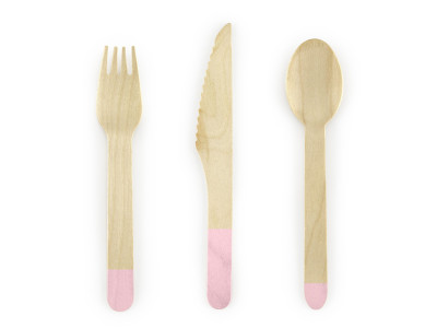 Medinių stalo įrankių rinkinys su rožiniu dekoru (18vnt./16cm)