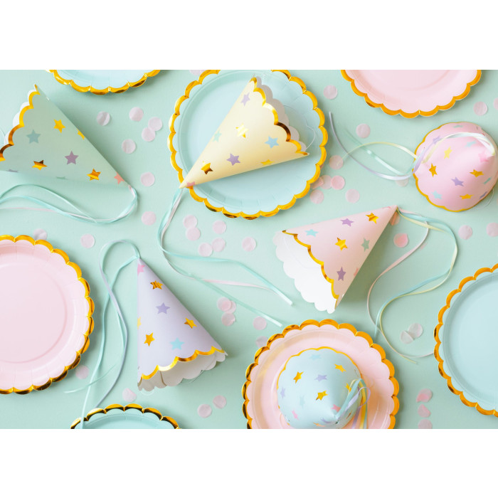Pastelinių spalvų gimtadienio kepuraitės Žvaigždės (6 vnt.)