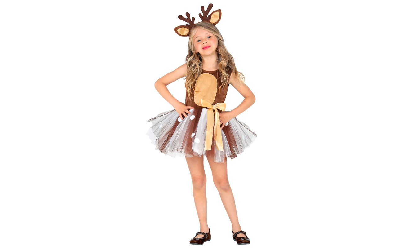 Girl in a brown deer costume, tulle skirt and headband with antlers